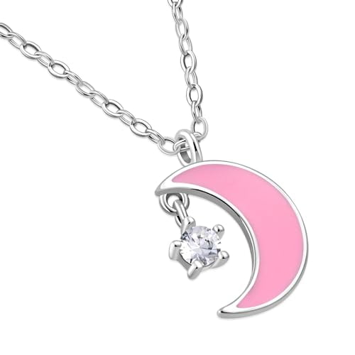 My Daily Styles 925 Sterling Silver Crescent Moon and Star CZ Pendant Necklace with Pink or Blue Enamel (Pink)