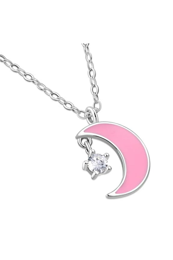 925 Sterling Silver Crescent Moon and Star CZ Pendant Necklace with Pink or Blue Enamel (Pink)