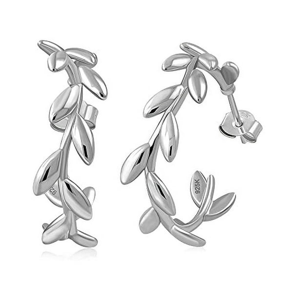 My Daily Styles 925 Sterling Silver Round Semi-Hoop 1" (Inch) Earrings with Leaf Design for Women (Silver)