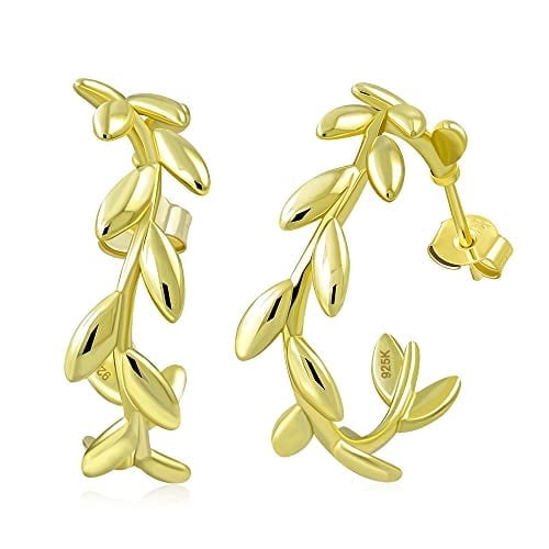 My Daily Styles 925 Sterling Silver Round Semi-Hoop 1" (Inch) Earrings with Leaf Design for Women (Yellow)