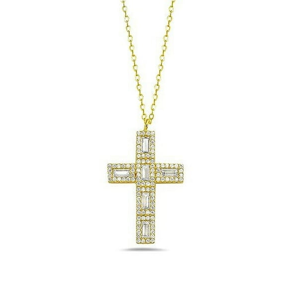 My Daily Styles 925 Sterling Silver Solid Cross Cubic Zirconia Women's Pendant - Adjustable Chain 16"-18" (Yellow)