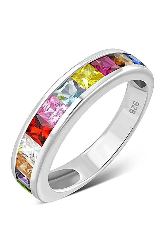 925 Sterling Silver Women's Ring Band with Multi-Color Rainbow Princess Cut CZ Stones (6)