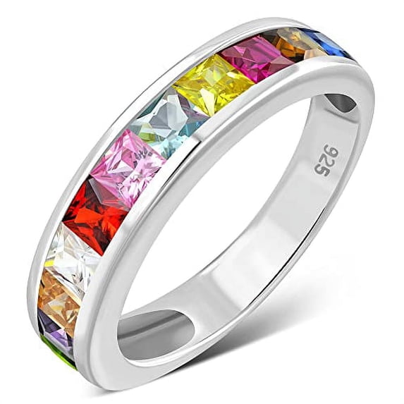 My Daily Styles 925 Sterling Silver Women's Ring Band with Multi-Color Rainbow Princess Cut CZ Stones, Size 7.5