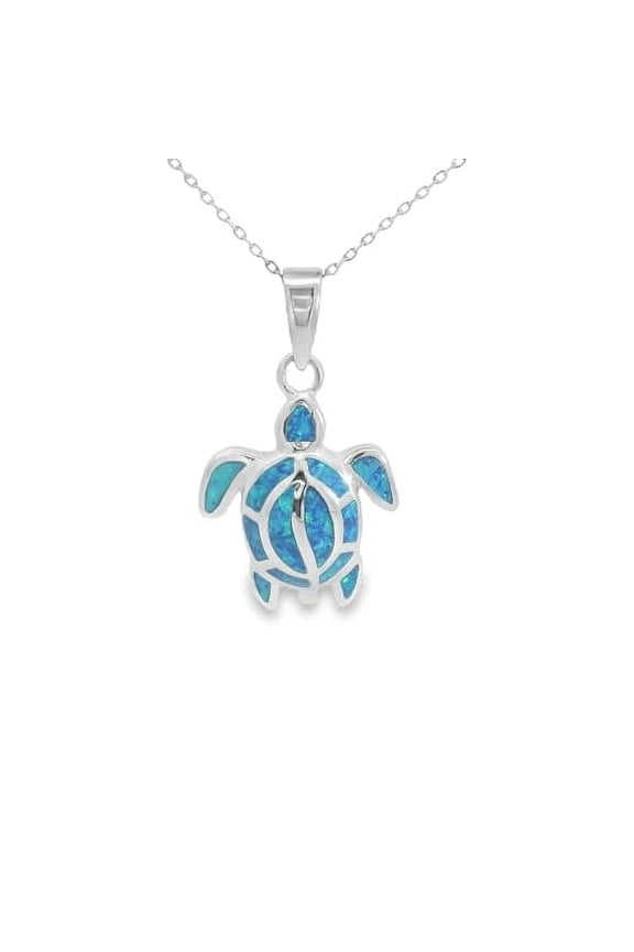 925 Sterling Silver Women's Simulated Opal Sea Turtle Pendant with Adjustable Chain (16"-18")