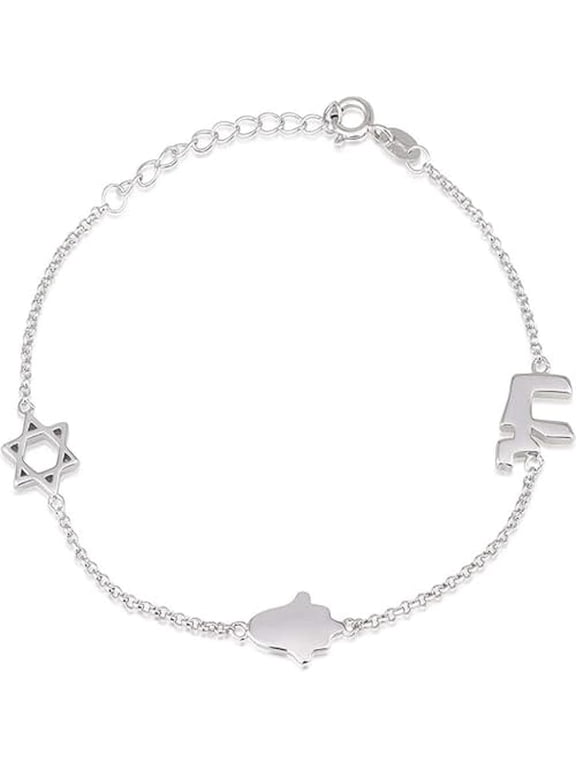 925 Sterling Silver Women's Star of David Link Bracelet - Adjustable Size 6.5"-7.5" (Star Chai Hamsa)