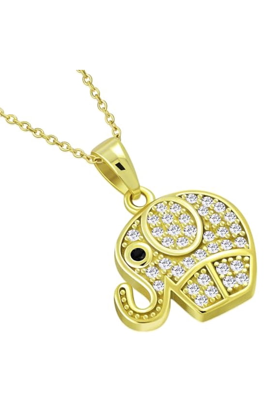 Adorable 925 Sterling Silver Cute Elephant CZ Pendant Necklace - 18" Silver Chain (Yellow)