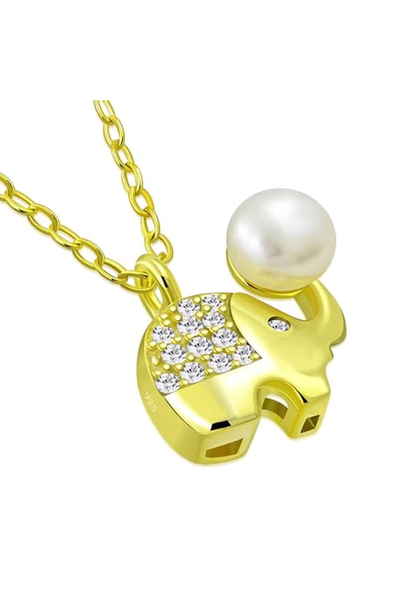 Adorable 925 Sterling Silver Small Elephant CZ and Simulated Pearl Pendant Necklace - 18" Silver Chain (Yellow)