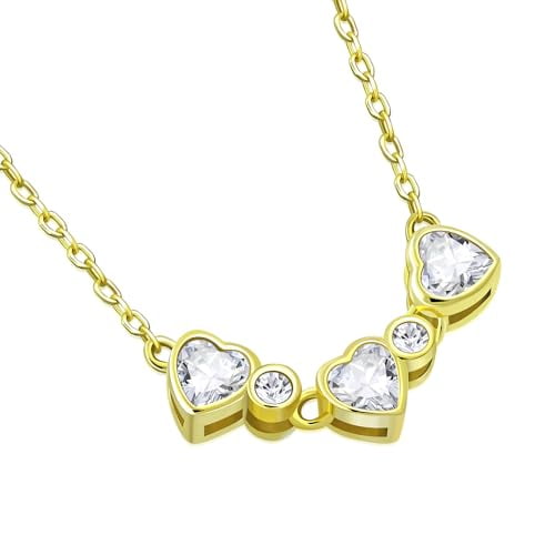 My Daily Styles Elegant 925 Sterling Silver Necklace with 3 CZ Hearts Attached - Bezel Set, 18" Chain (Yellow)