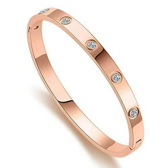 My Daily Styles Hinged CZ Bangle Bracelet, Rose Stainless Steel, Size 7 Inches