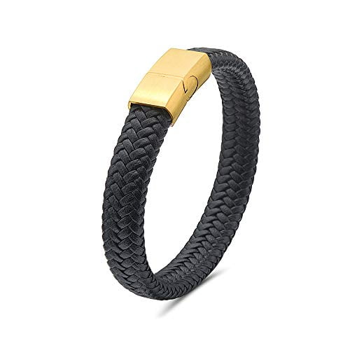 My Daily Styles Mens Black Genuine Leather Bracelet with Stainless Steel Magnetic Lock 8" Gold