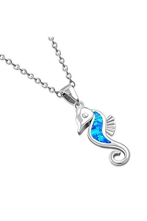 Seahorse Necklace  Sterling Silver Pendant Necklace  Encrusted with Synthetic Opal Stone  Ocean Inspired Opal Jewelry for Women