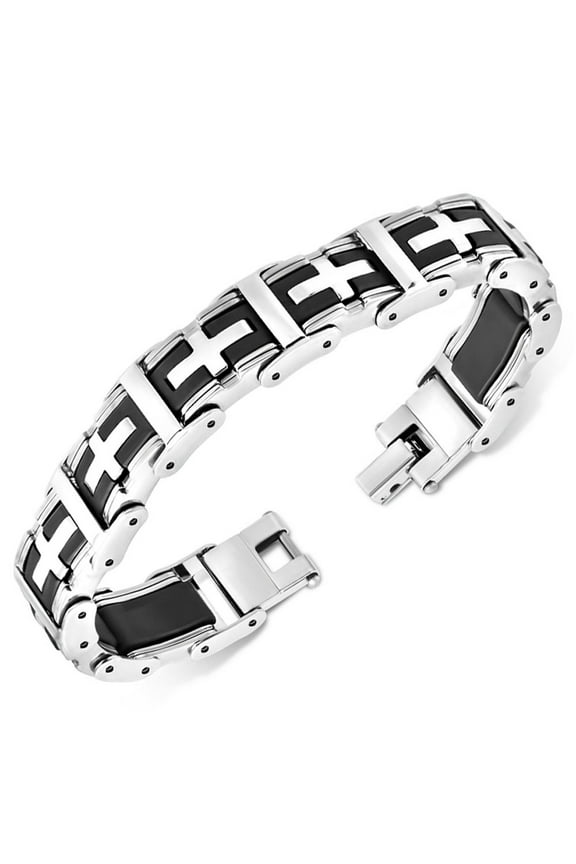 Stainless Steel Black Silver-Tone Religious Cross Mens Link Bracelet