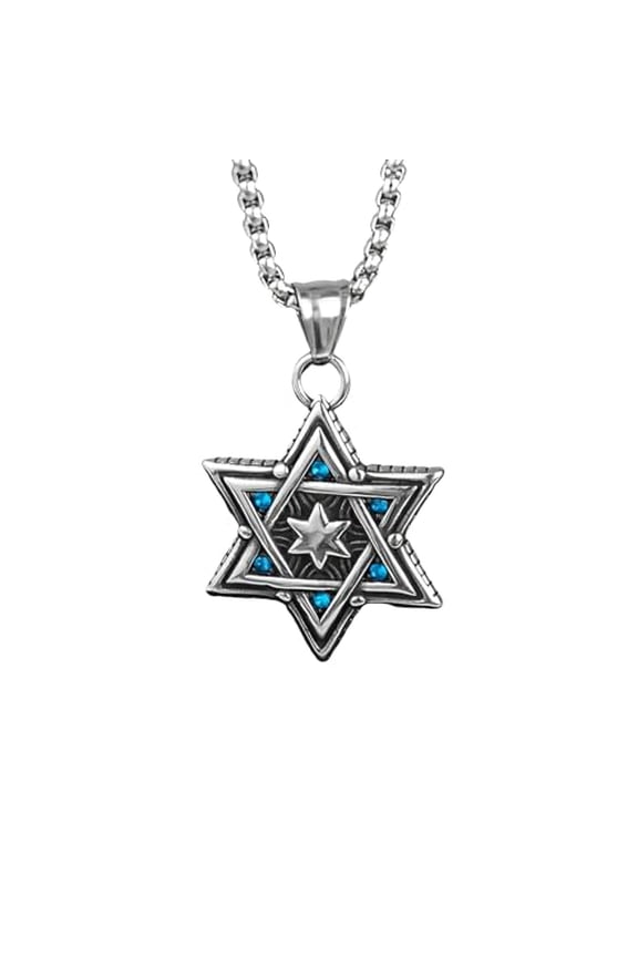Stainless Steel Star of David Pendant Necklace with Blue Accents Jewish Judaica Necklace with 22" Chain for Men & Women