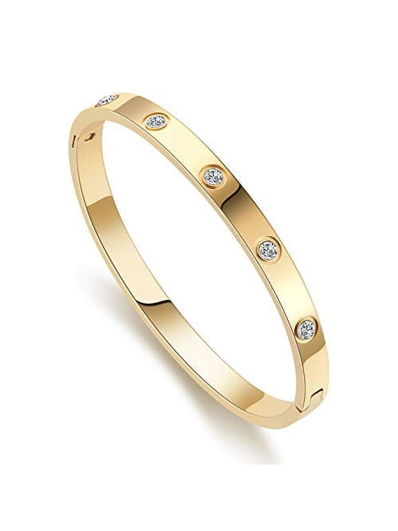 Surgical Stainless Steel Hypoallergenic Hinged Cuff Bracelet with CZ Zirconia, 7.5 Inches (Yellow)