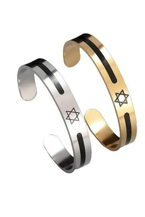 Star of David Cuff Bracelet, Unisex Stainless Steel Bangles, Silver and Gold Colors, Religious Jewelry 2 Set
