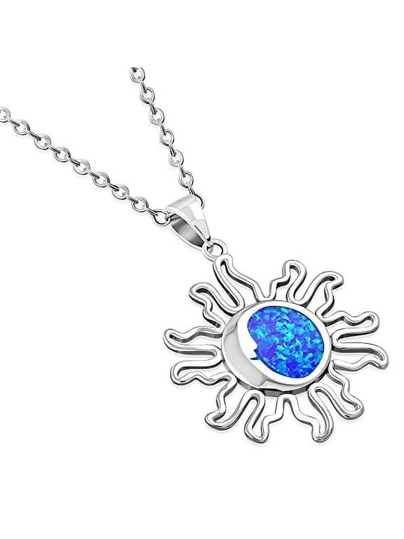 - Sun and Moon Necklace - Celestial Pendant Necklace Adorned with Gorgeous Blue Simulated Opal Stone - Alluring 925 Sterling Silver Necklace