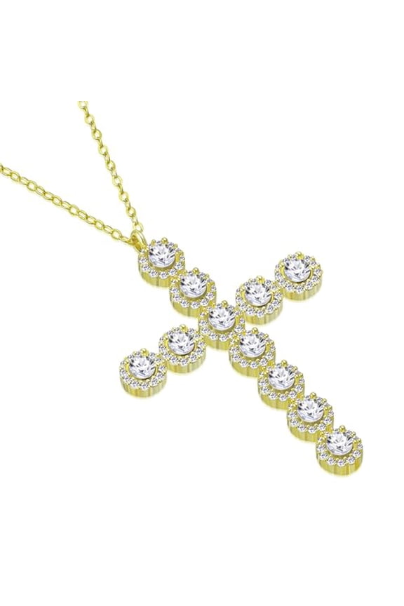 Women's Large 925 Sterling Silver CZ Cross Pendant - Adjustable Chain 16"-18" (Yellow)