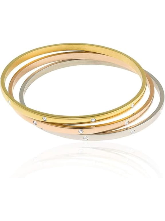 Women's Tri-Color Stackable Bangle Bracelets Set, Stainless Steel with CZ Accents, 3-Piece