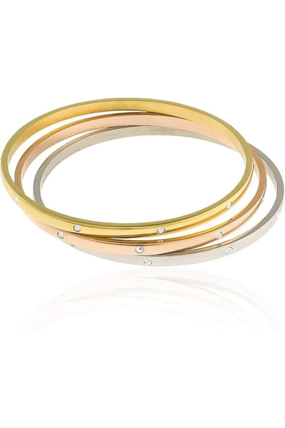 Women's Tri-Color Stackable Bangle Bracelets Set, Stainless Steel with CZ Accents, 3-Piece