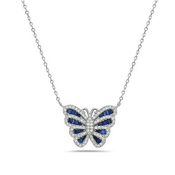 My Daily Styles Women's 925 Sterling Silver CZ Butterfly Necklace Pendant - Adjustable Cable Link Chain 16"-18" (Blue)