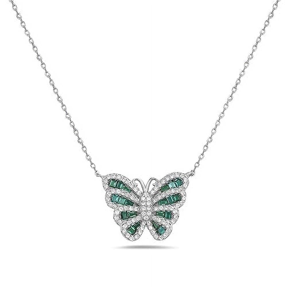 My Daily Styles Women's 925 Sterling Silver CZ Butterfly Necklace Pendant - Adjustable Cable Link Chain 16"-18" (Green)