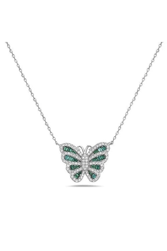Women's 925 Sterling Silver CZ Butterfly Necklace Pendant - Adjustable Cable Link Chain 16"-18" (Green)