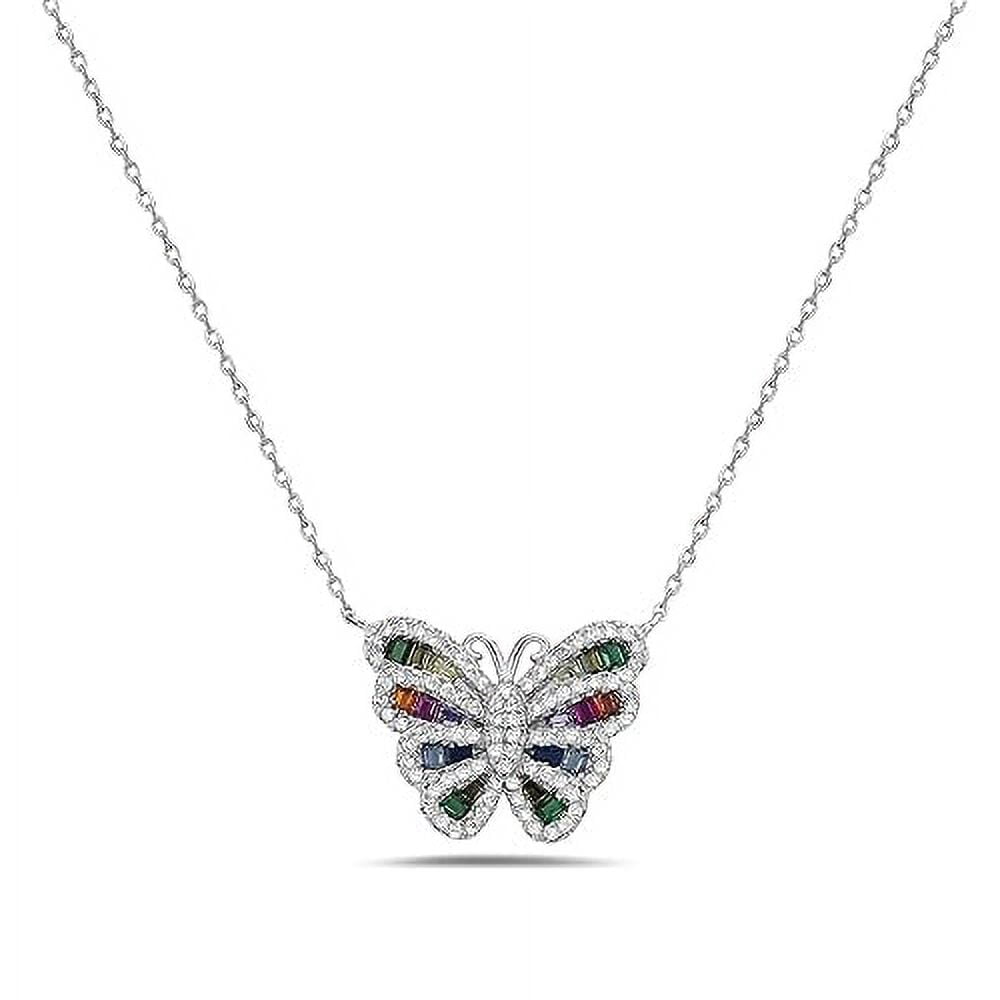 My Daily Styles Women's 925 Sterling Silver CZ Butterfly Necklace Pendant - Adjustable Cable Link Chain 16"-18" (Multi-color)