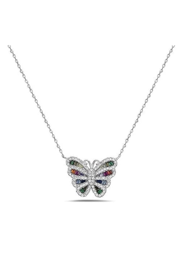 Women's 925 Sterling Silver CZ Butterfly Necklace Pendant - Adjustable Cable Link Chain 16"-18" (Multi-color)