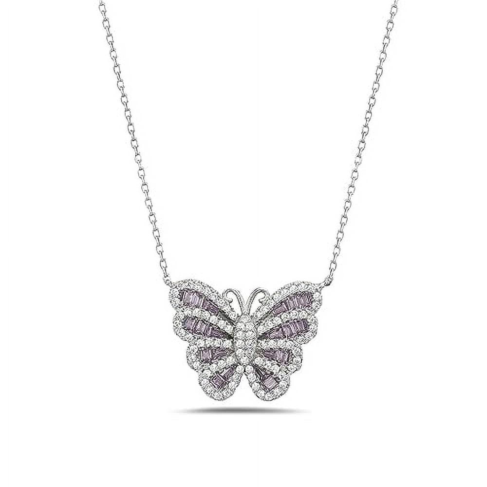 My Daily Styles Women's 925 Sterling Silver CZ Butterfly Necklace Pendant - Adjustable Cable Link Chain 16"-18" (Pink)