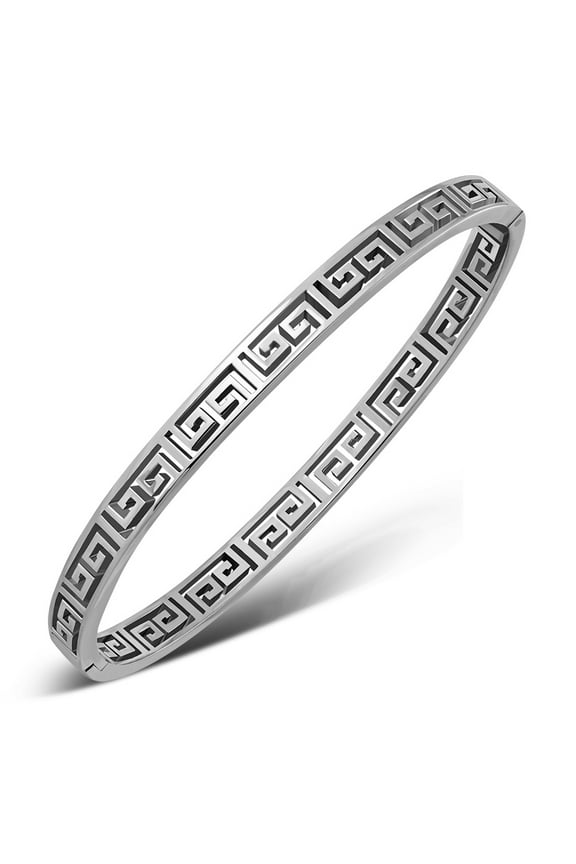 Womens Stainless Steel Greek Key Cuff Bracelet (Silver)