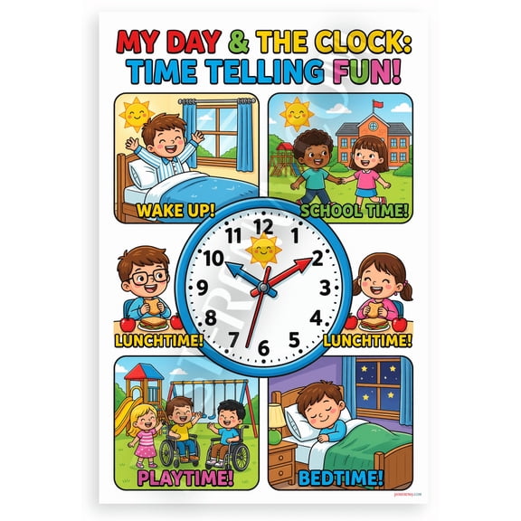 My Day & the Clock Time Telling Fun Educational 12x18 US Made Poster