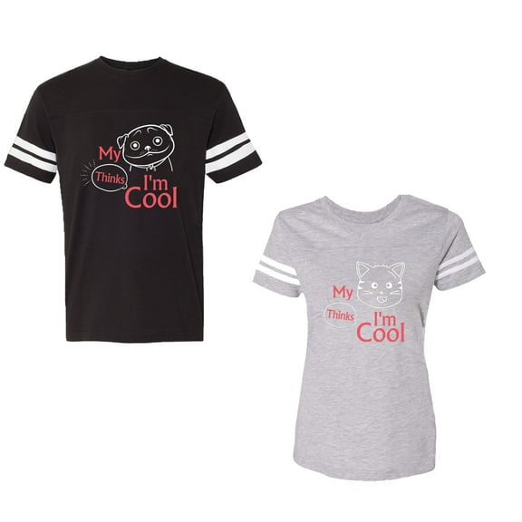 My Dog Cat Think I am Cool Unisex Couple Matching Cotton Jersey style T-Shirt Contrasting stripes on sleeves (Men Black / Women Heather) (Men XXL / Women S)
