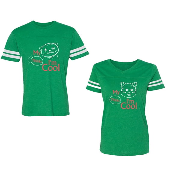 My Dog Cat Think I am Cool Unisex Couple Matching Cotton Jersey style T-Shirt Contrasting stripes on sleeves (Men Green / Women Green) (Men L / Women M)