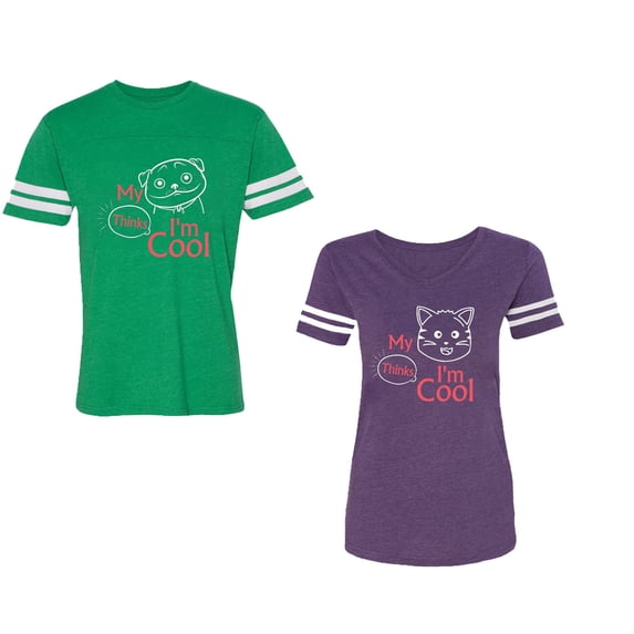 My Dog Cat Think I am Cool Unisex Couple Matching Cotton Jersey style T-Shirt Contrasting stripes on sleeves (Men Green / Women Purple) (Men XXL / Women XL)