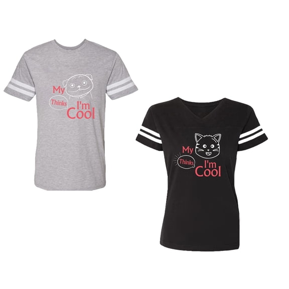 My Dog Cat Think I am Cool Unisex Couple Matching Cotton Jersey style T-Shirt Contrasting stripes on sleeves (Men Heather / Women Black) (Men XXL / Women L)