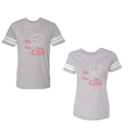 My Dog Cat Think I am Cool Unisex Couple Matching Cotton Jersey style T-Shirt Contrasting stripes on sleeves (Men Heather / Women Heather) (Men M / Women XXL)