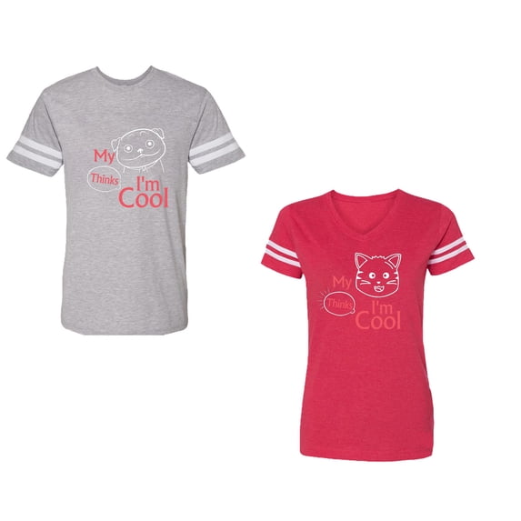 My Dog Cat Think I am Cool Unisex Couple Matching Cotton Jersey style T-Shirt Contrasting stripes on sleeves (Men Heather / Women Red) (Men M / Women XL)