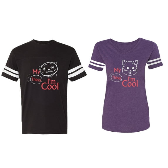 My Dog Cat Think I am Cool Matching Couple Cotton Jerseys (Men Black / Women Purple) (Men XL / Women XL)
