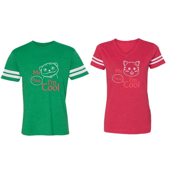 My Dog Cat Think I am Cool Matching Couple Cotton Jerseys (Men Green / Women Red) (Men XL / Women XL)