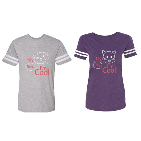 My Dog Cat Think I am Cool Matching Couple Cotton Jerseys (Men Heather / Women Purple) (Men XL / Women L)
