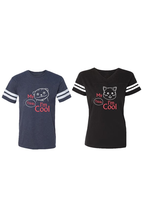 My Dog Cat Think I am Cool Matching Couple Cotton Jerseys (Men Navy / Women Black) (Men S / Women S)