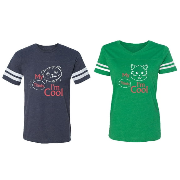 My Dog Cat Think I am Cool Matching Couple Cotton Jerseys (Men Navy / Women Green) (Men S / Women M)