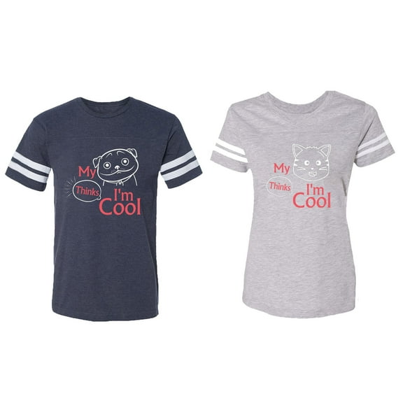 My Dog Cat Think I am Cool Matching Couple Cotton Jerseys (Men Navy / Women Heather) (Men XL / Women XXL)