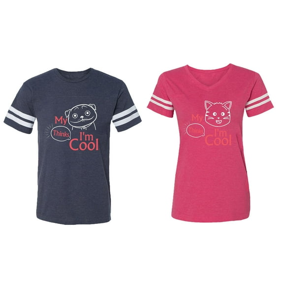 My Dog Cat Think I am Cool Matching Couple Cotton Jerseys (Men Navy / Women Pink) (Men XXL / Women L)