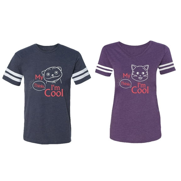 My Dog Cat Think I am Cool Matching Couple Cotton Jerseys (Men Navy / Women Purple) (Men XL / Women L)