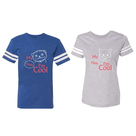 My Dog Cat Think I am Cool Matching Couple Cotton Jerseys (Men Royal / Women Heather) (Men M / Women XL)