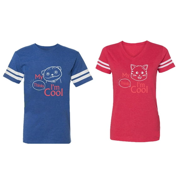 My Dog Cat Think I am Cool Matching Couple Cotton Jerseys (Men Royal / Women Red) (Men M / Women XL)