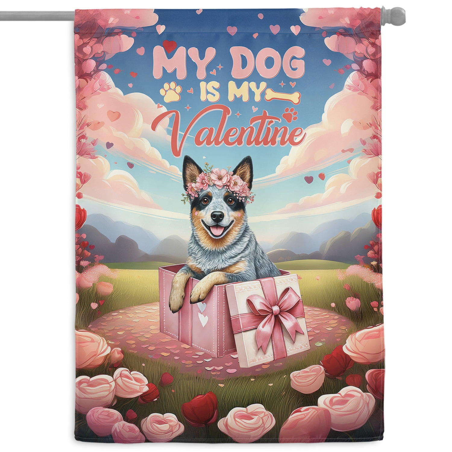 My Dog Is My Valentine Cute Australian Cattle Dog in Gift Box House Flag 28x40in Double Sided Heeler Lover Gifts Outdoor Decor - 3006