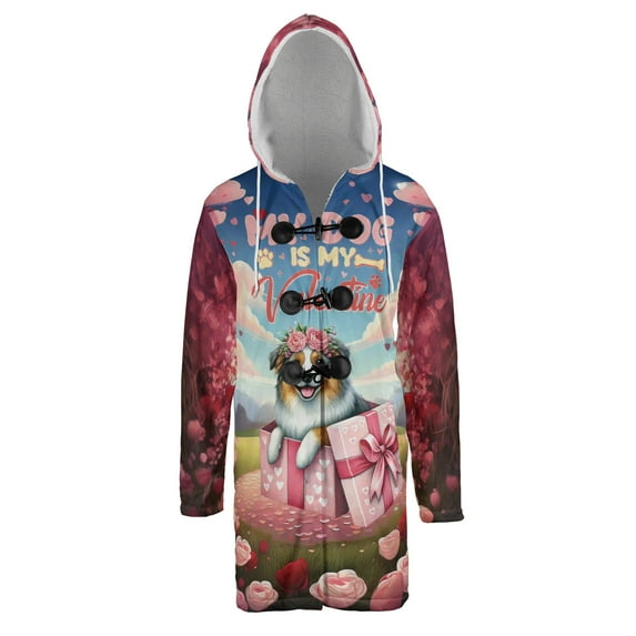 My Dog Is My Valentine Cute Australian Shepherd in Gift Box All Over Print 3D Hooded Duffle Toggle Coat Aussie Dog Lover Gifts - 3006