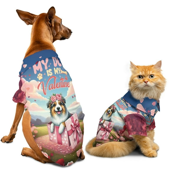 My Dog Is My Valentine Cute Australian Shepherd in Gift Box Hawaiian Summer Shirt for Small Medium Large Dog Cat Aussie Dog Lover Gifts - 03006